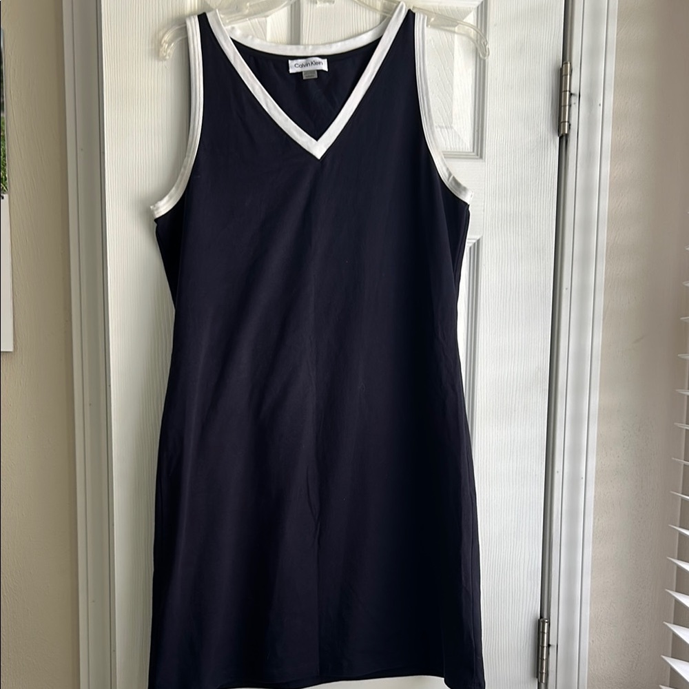 Navy Sleeveless Dress with White Trim